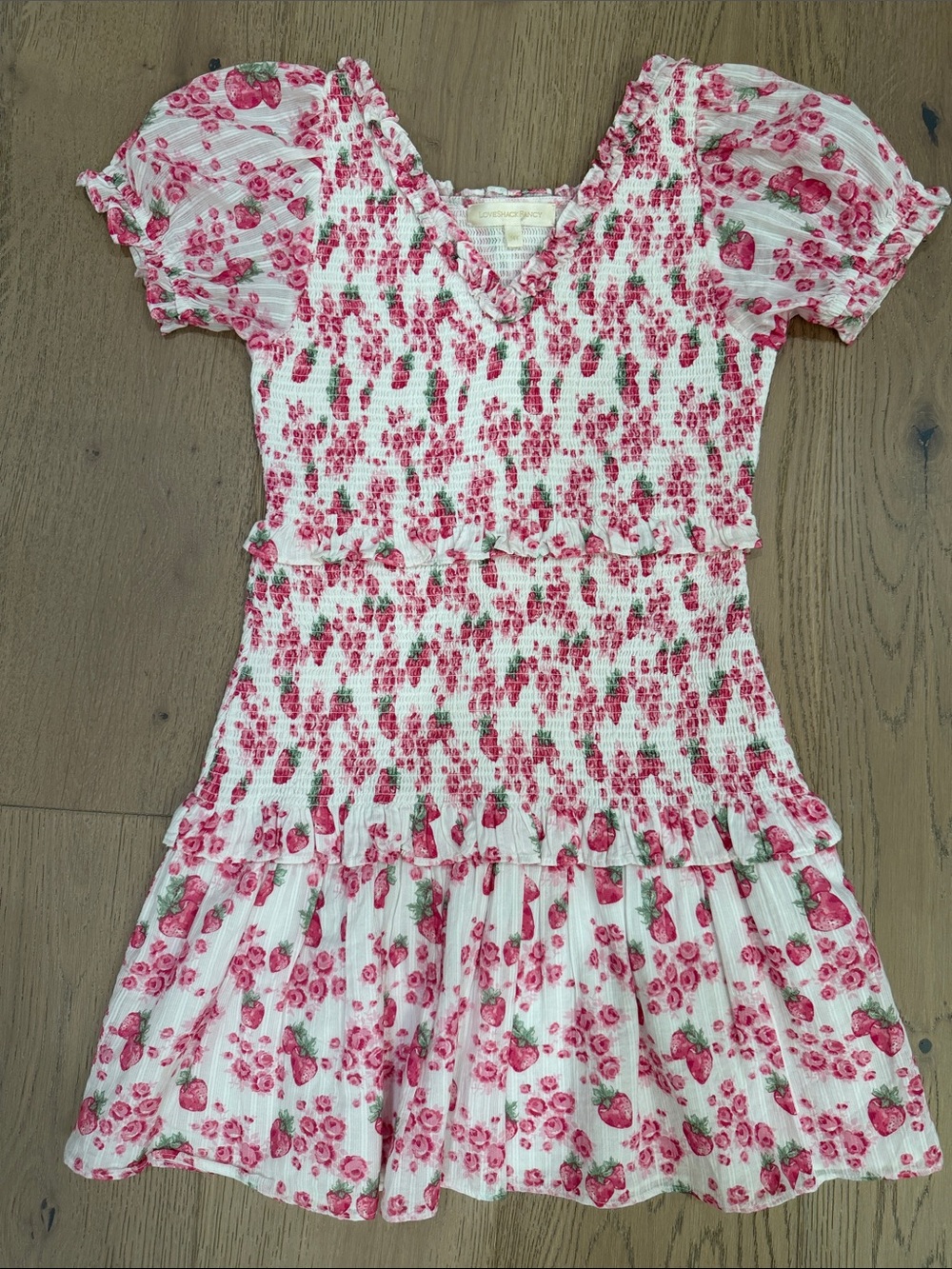 LoveShackFancy Pink Strawberry Smocked, Ruffle Dress